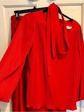 Koret Bright Red Pleated Blouse with Neck Tie and Matching Skirt